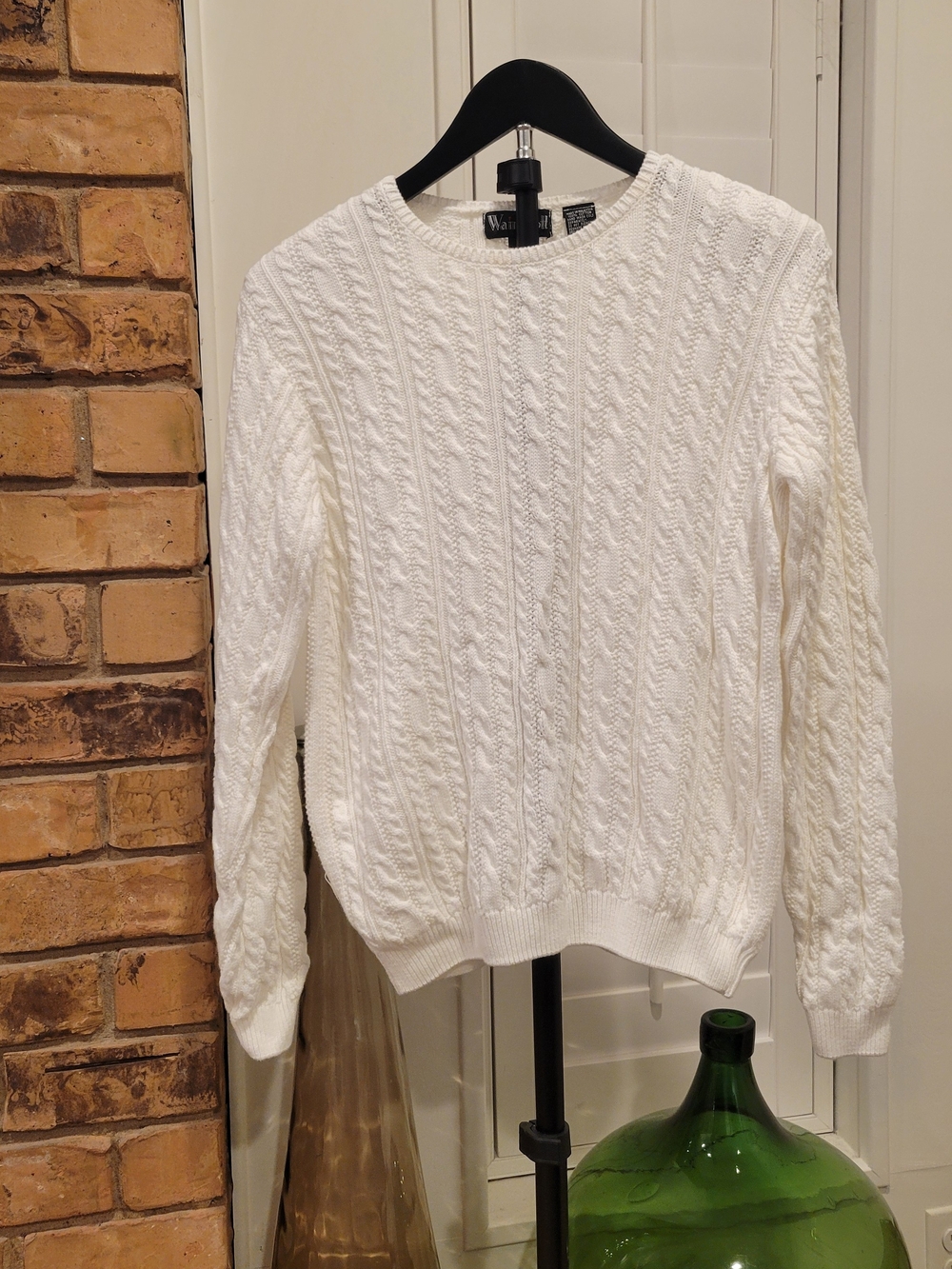 Vintage Wainscott White Cable-Textured Crewneck Sweater